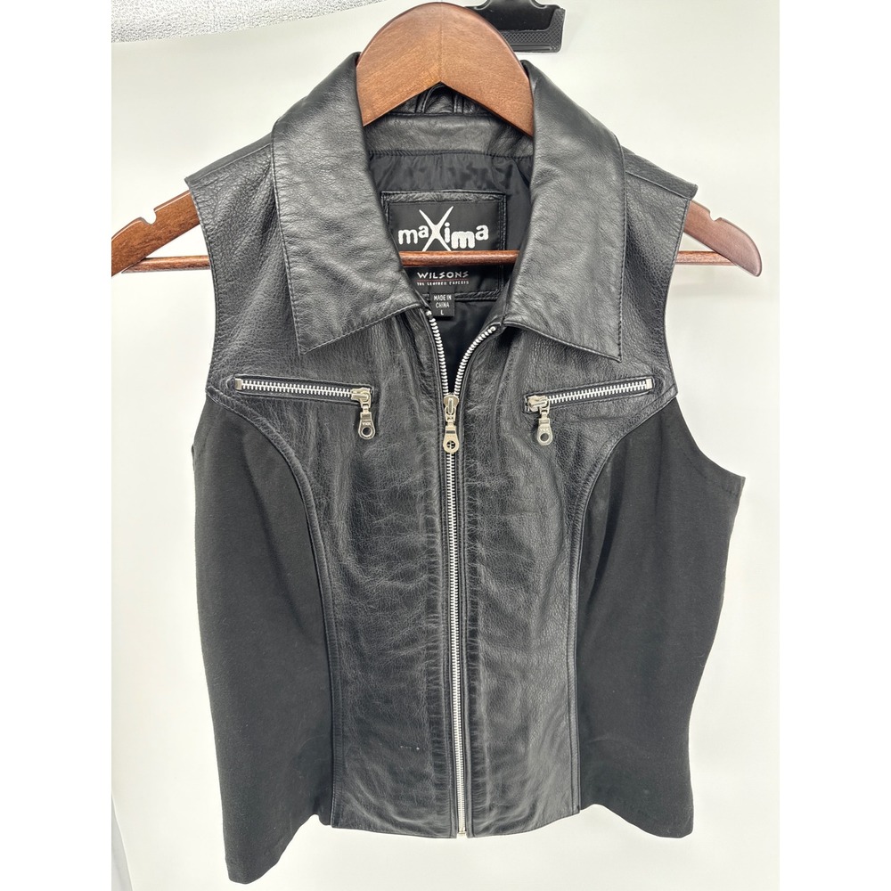 Maxima By Wilsons Leather Moto Vest Women's Black Leather Lycra sides Size L